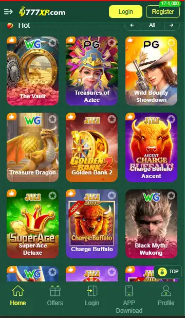 777XP Game interface displaying popular slots including Treasures of Aztec, Super Ace Deluxe, Black Myth Wukong, and Charge Buffalo.
