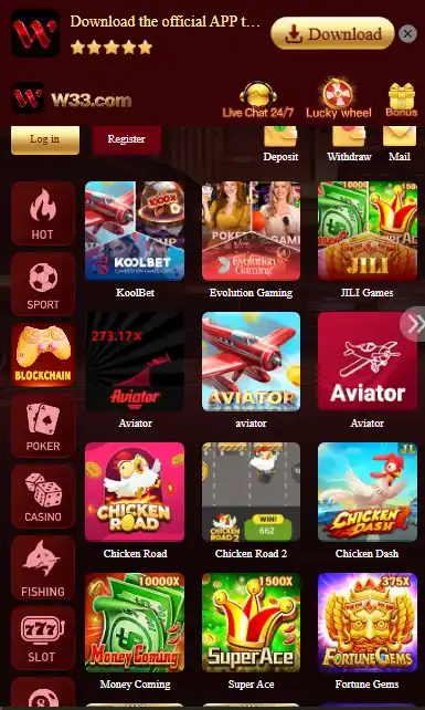 W33 Game mobile dashboard featuring Aviator, Chicken Road, and JILI slots like Super Ace and Money Coming with deposit and withdraw icons.