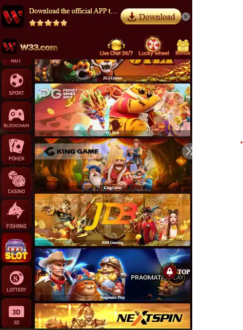 W33 Game app lobby showing various slot categories including JILI, PG Soft, King Game, JDB, and Pragmatic Play with a download button.