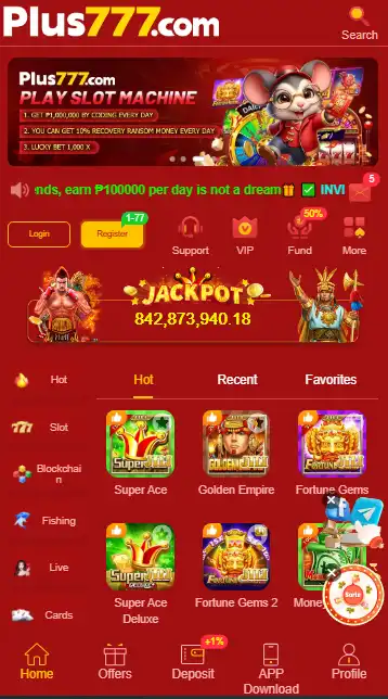 Plus777 Game mobile app lobby interface showing popular slot games like Super Ace, Golden Empire, and Fortune Gems with a massive jackpot counter.