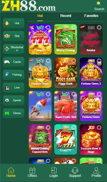Screenshot of the ZH88 GAME mobile interface showing a variety of popular online casino games, including slots like Crazy 777, Money Coming, and Fortune Gems, with a green-themed navigation sidebar.