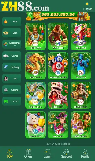 A screenshot of the ZH88 GAME slot lobby featuring a list of game providers including JILI Slots, WG Slots, PG Slots, JDB, and PP Slots. The interface shows a green theme with a total jackpot counter at the top and a navigation menu on the left.