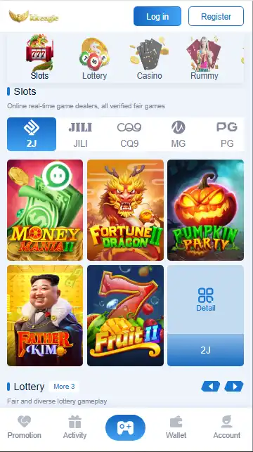 KK Eagle Game mobile app interface showing slots, lottery, and casino games including Fortune Dragon and Money Mania