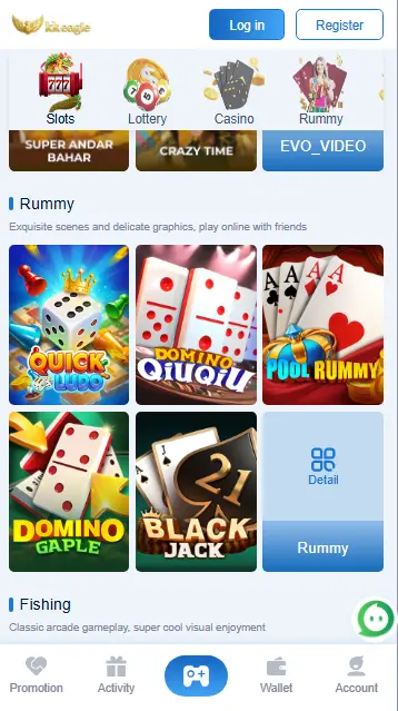 KK Eagle Game Rummy category featuring Quick Ludo, Domino QiuQiu, Pool Rummy, and Blackjack