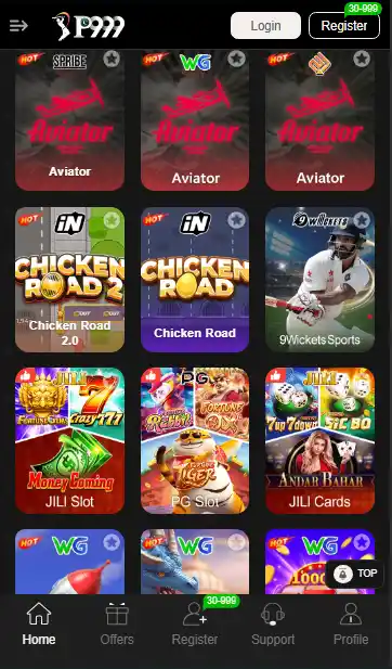 Mobile interface of P999 Game app showing a variety of online games including Aviator by Spribe, Chicken Road, 9Wickets Sports, JILI Slots, and PG Slot with Login and Register buttons.