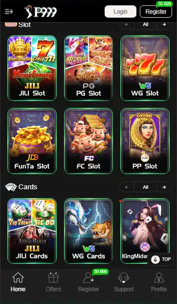 P999 Game app interface displaying the Slot and Cards categories, featuring game providers like JILI Slot, PG Slot, WG Slot, FunTa Slot, and JILI Cards with high-quality game thumbnails.