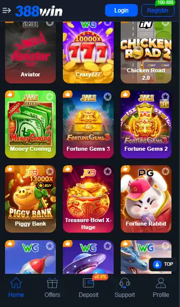 388WIN GAME mobile dashboard featuring Aviator, Fortune Gems, and Piggy Bank slot games.