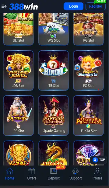 388WIN GAME slot providers lobby showing JILI Slot, PG Slot, PP Slot, and Spade Gaming options.