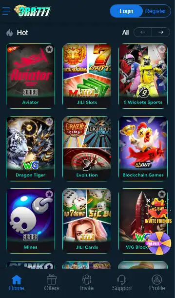 3RR777 Game mobile app dashboard showing Aviator, JILI Slots, Mines, and Dragon Tiger gaming categories.