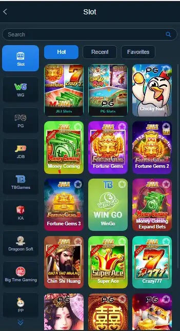 3RR777 Game slot lobby featuring Fortune Gems, Super Ace, Crazy 777, and Money Coming from JILI and PG Soft providers.