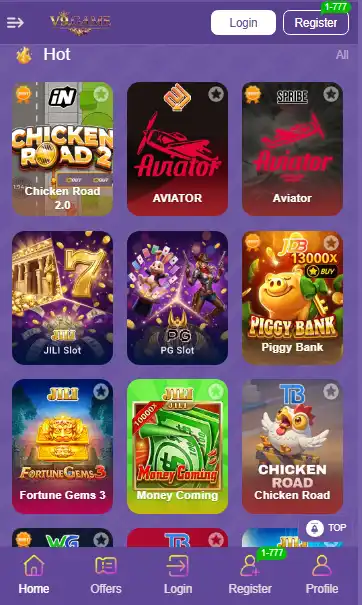 V9 GAME mobile app lobby showing popular games like Aviator, Chicken Road 2, JILI Slots, and Fortune Gems 3 with a purple theme.