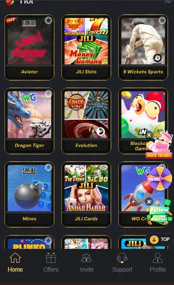 KKKPK Game app lobby screenshot featuring popular games like Aviator, JILI Slots, 9 Wickets Sports, and Mines on a dark mobile interface.