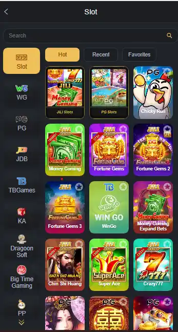 KKKPK Game slots menu showing JILI Money Coming, Fortune Gems, and PG Soft Chicky Run games with a list of providers like WG, JDB, and Dragoon Soft.