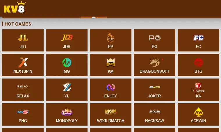 KV8 Game interface showing hot games from providers like JILI, JDB, PG Soft, and Pragmatic Play.