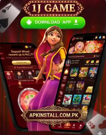  banner for 1J Game app featuring an Android download button, a woman in traditional attire, and a mobile interface showing slots and rewards by Apkinstall.com.pk