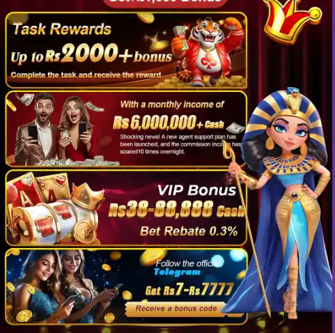 Infographic for 1J Game showing Task Rewards up to Rs 2000, VIP Bonuses up to Rs 88,888, and Telegram joining bonuses featuring a Cleopatra character.