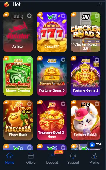 PK368 GAME mobile app lobby showing popular titles like Aviator, Fortune Gems 3, and Piggy Bank with a "Hot" games section and navigation menu.