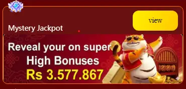 PK080 GAME Mystery Jackpot banner showing a high bonus of Rs 3,577,867 with a cool tiger mascot character.