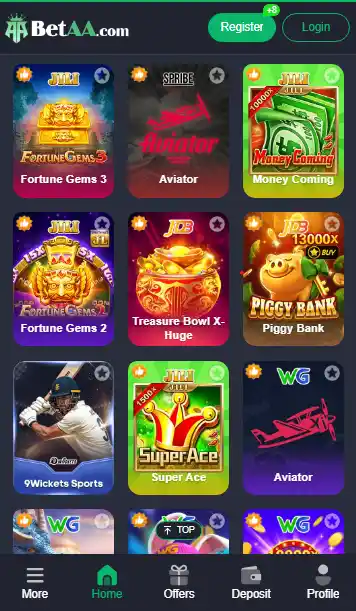 BetaAA Game platform featuring Aviator by Spribe, Fortune Gems 2 and 3 by JILI, and 9Wickets Sports betting options on mobile.