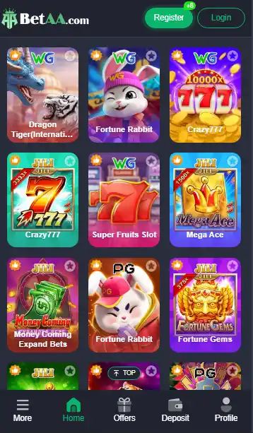 BetaAA Game mobile interface showing popular online slot games including Fortune Rabbit, Crazy 777, and Mega Ace with WG and JILI providers.