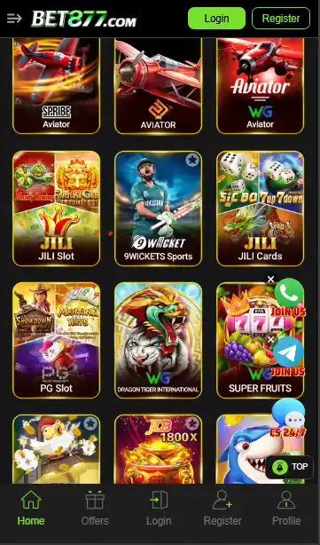 A smartphone screenshot of the BET877 Game app dashboard showing various game categories including Aviator, JILI Slots, 9Wickets Sports, and Dragon Tiger International.