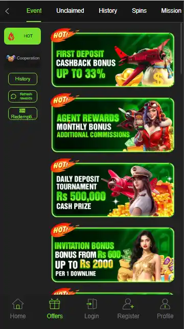 The "Offers" screen of the BET877 Game app showing promotional banners for First Deposit Cashback, Agent Rewards, Daily Deposit Tournaments, and Invitation Bonuses.