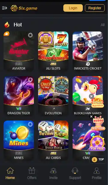 Screenshot of the SIX GAME mobile app dashboard showing the 'Hot' games category including Aviator, Jili Slots, 9Wickets Cricket, Dragon Tiger, and Mines with Login and Register buttons at the top.
