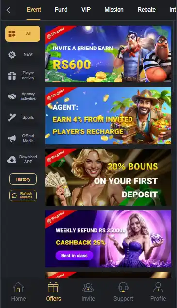 SIX GAME 'Offers' tab showing various promotions: Invite a Friend Earn RS600, Agent program with 4% commission, 20% First Deposit Bonus, and a Weekly 25% Cashback refund up to RS 350,000.