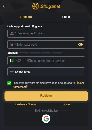 SIX GAME registration screen showing fields for profile name, password creation, and Pakistani phone number (+92). Includes an 18+ age verification checkbox and a yellow Register button.