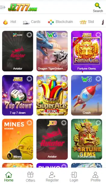 Mobile interface of the JZ777 Game platform showing various online casino games including Aviator, Fortune Gems, and Mines.