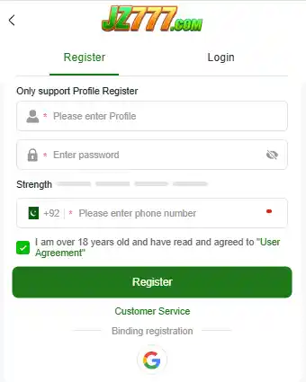 JZ777 Game registration page showing the sign-up form with fields for username, password, and Pakistani phone number (+92).