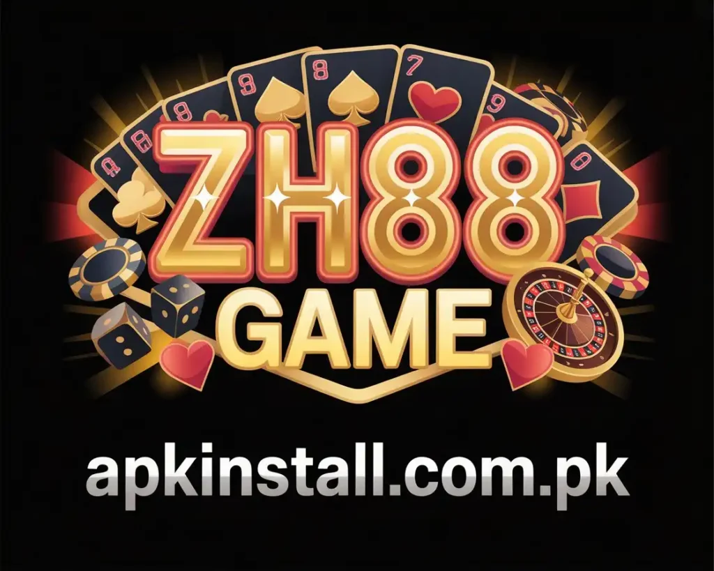 A bold, casino-style logo for ZH88 GAME featuring gold 3D lettering. The design includes gambling elements like playing cards, dice, casino chips, and a roulette wheel on a black background, with the website apkinstall.com.pk displayed at the bottom.
