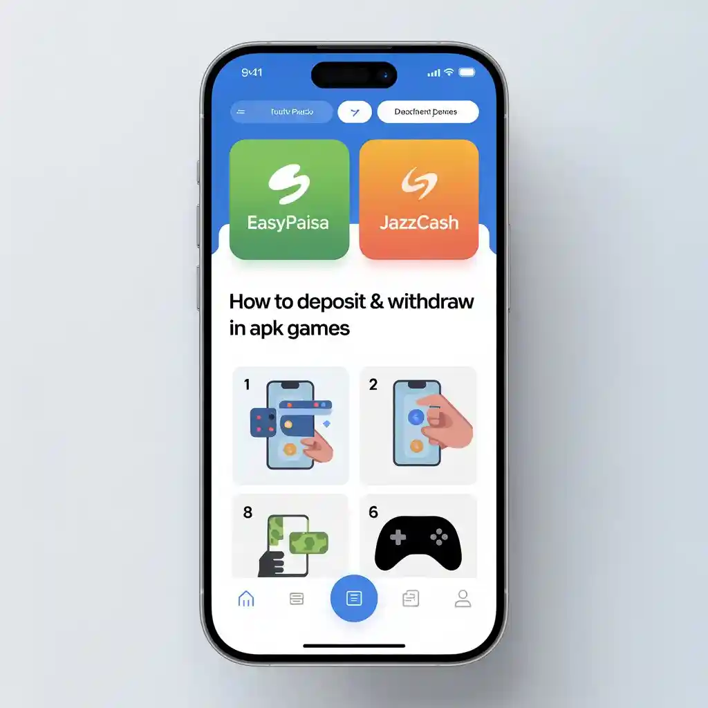 Infographic showing a step-by-step mobile guide on how to deposit and withdraw money in APK games using EasyPaisa and JazzCash.