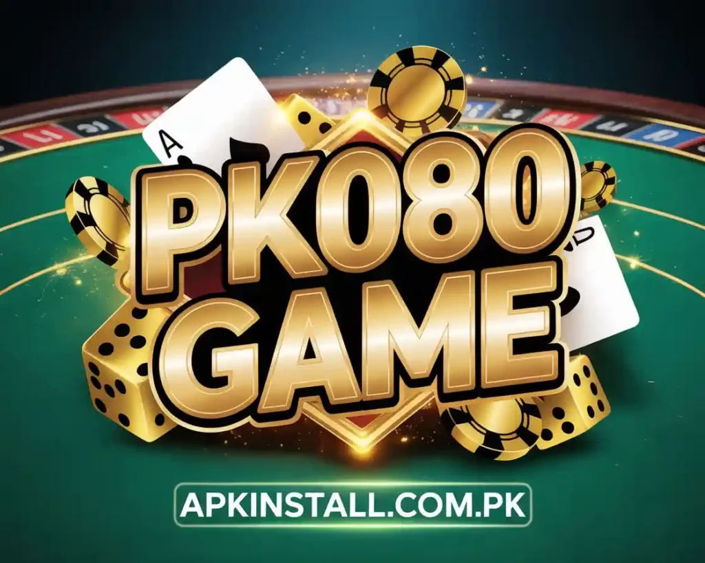 Official PK080 GAME promotional logo with neon lights, dice, and playing cards, featuring the apkinstall.com.pk website URL.