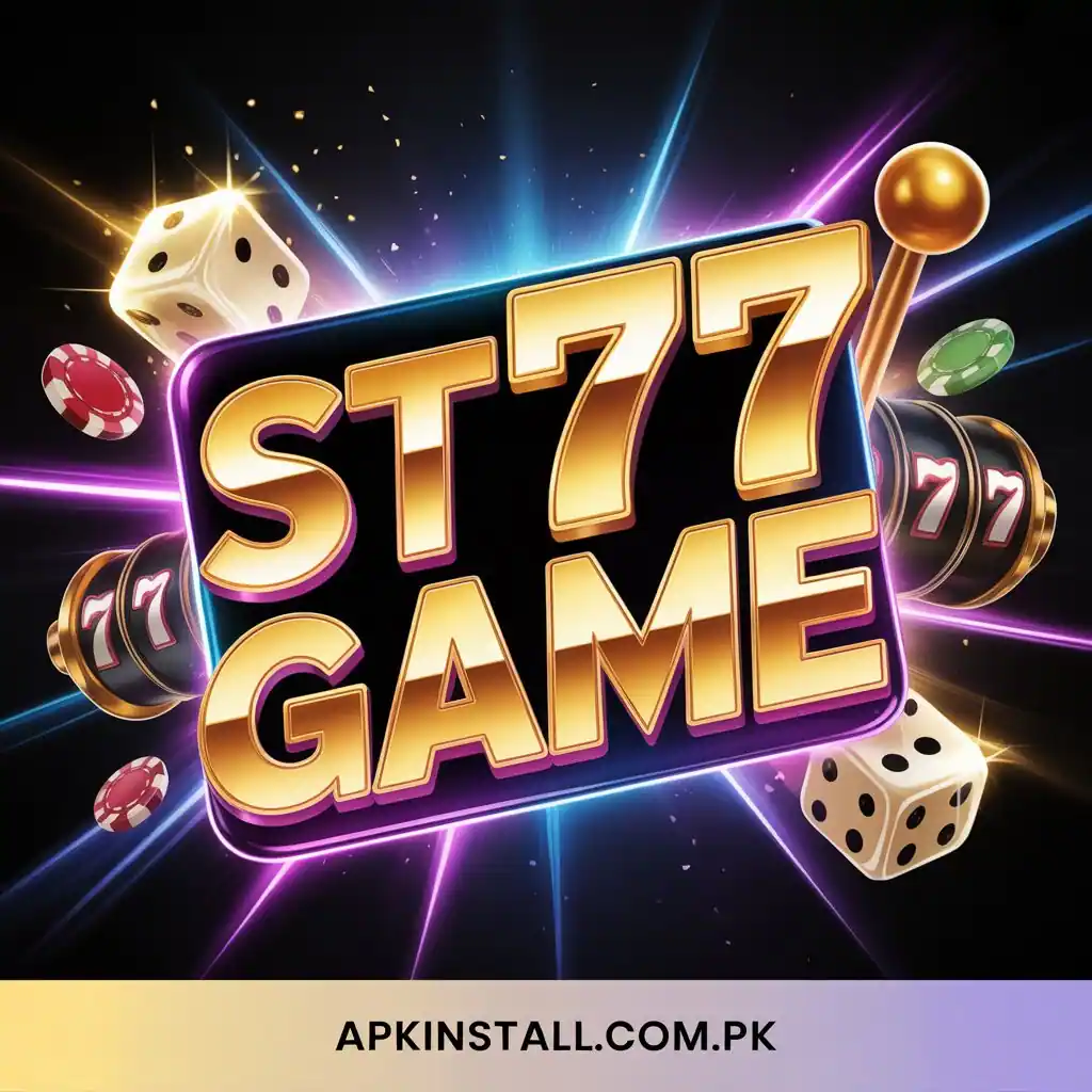 ST777 App official logo banner with 3D gold lettering, casino dice, and slot machine elements on apkinstall.com.pk.