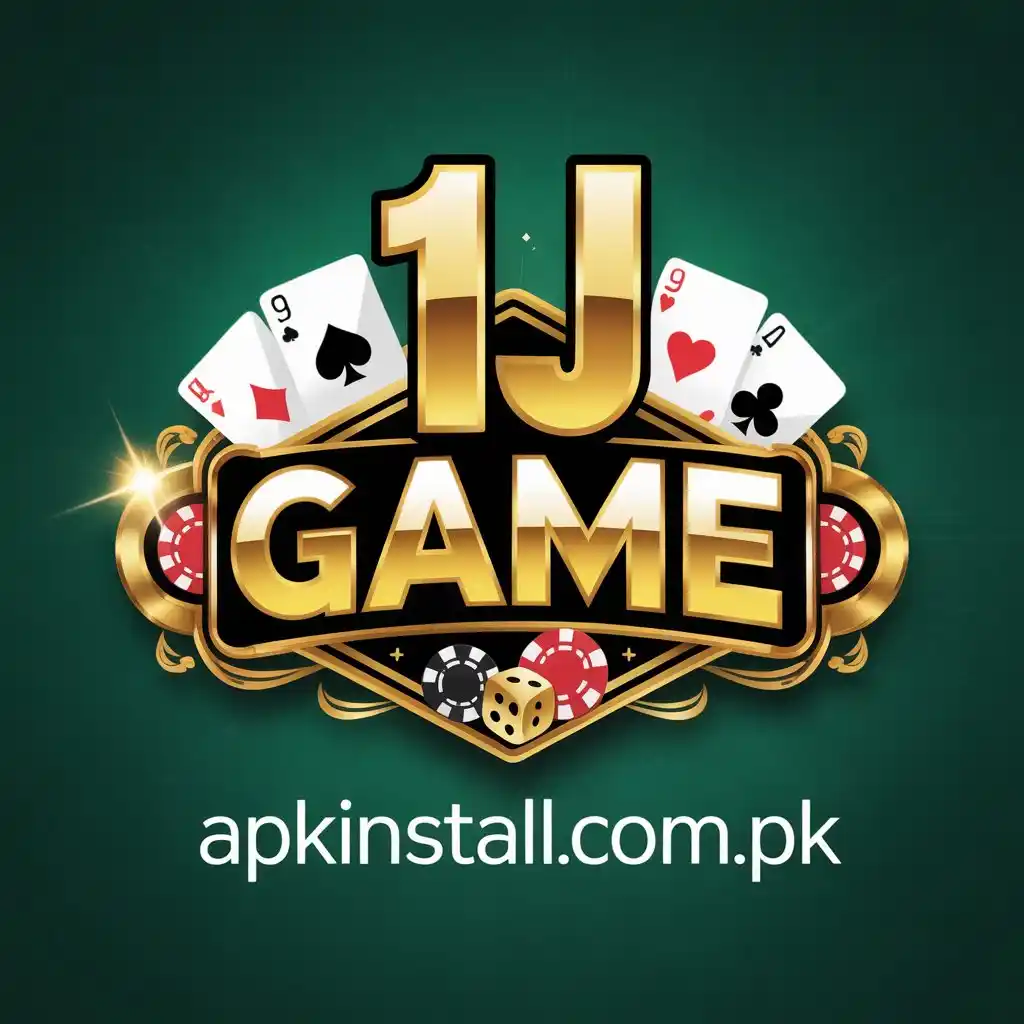 Official 1J Game logo featuring gold 3D text, playing cards, poker chips, and dice on a dark green background with the apkinstall.com.pk banner.