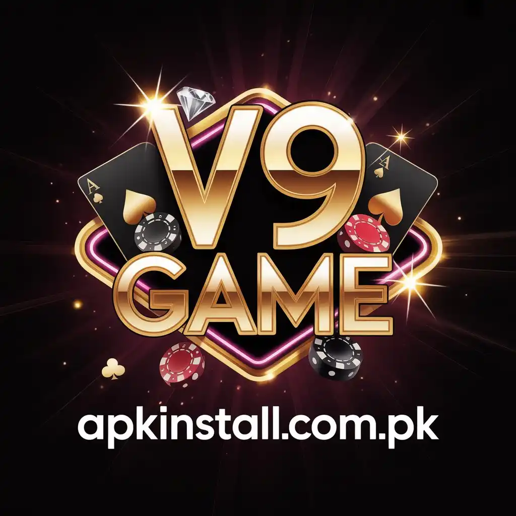 V9 GAME luxurious 3D gold logo with diamonds, poker chips, and playing cards, branded for apkinstall.com.pk.