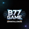 B77 Game logo with glowing silver and blue text, featuring digital circuit patterns and the website apkinstall.com.pk on a futuristic dark background.