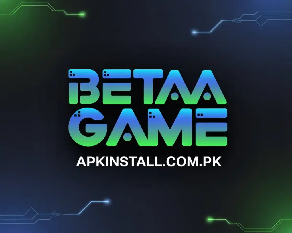 BetaAA Game official logo with blue and green gradient typography featuring apkinstall.com.pk website URL on a dark tech-themed background.