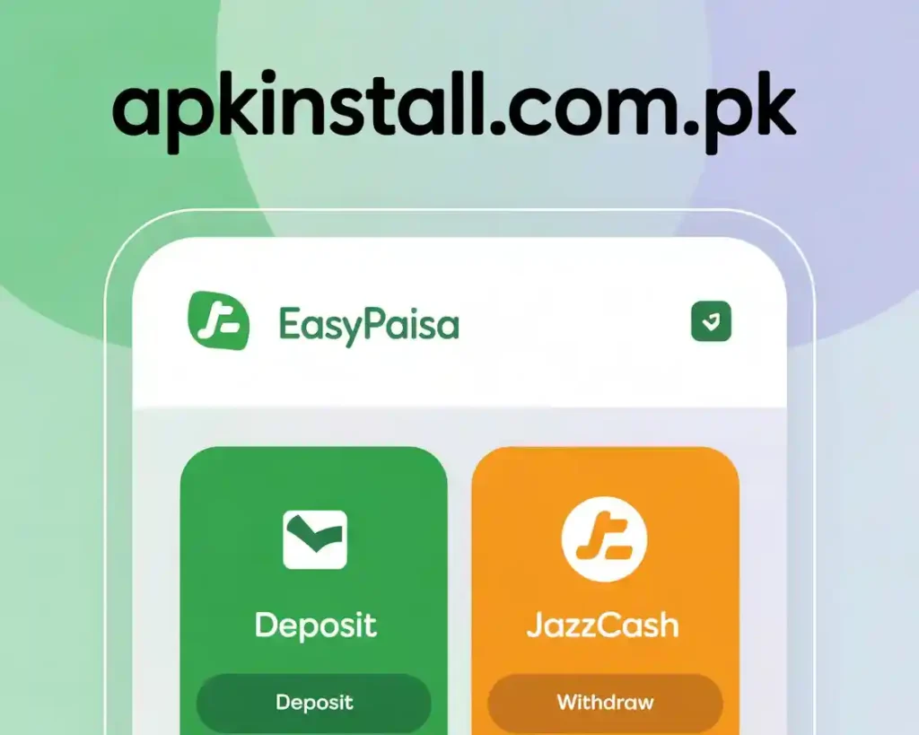 Modern mobile app interface showing how to deposit and withdraw money in APK games using Easypaisa and JazzCash in Pakistan
