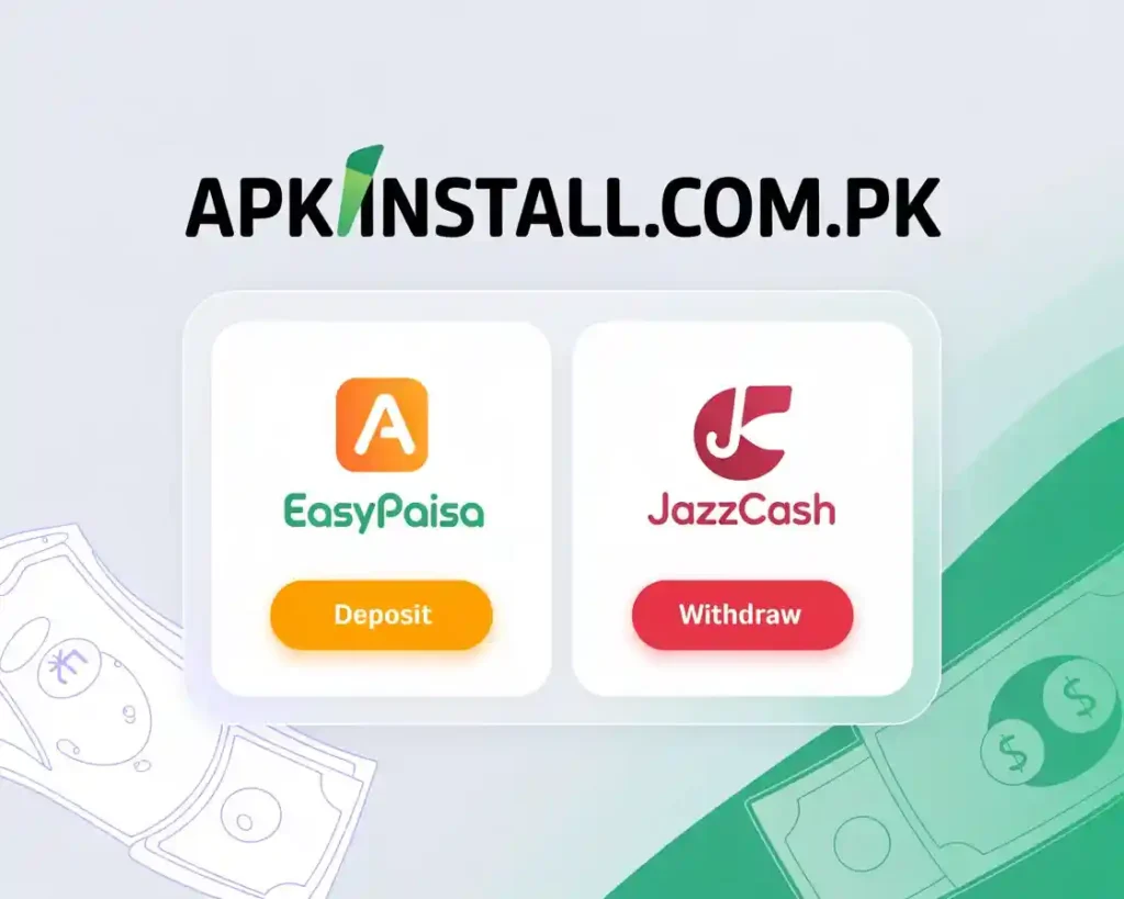 A clean UI interface from apkinstall.com.pk showing EasyPaisa deposit and JazzCash withdraw buttons for mobile gaming apps.