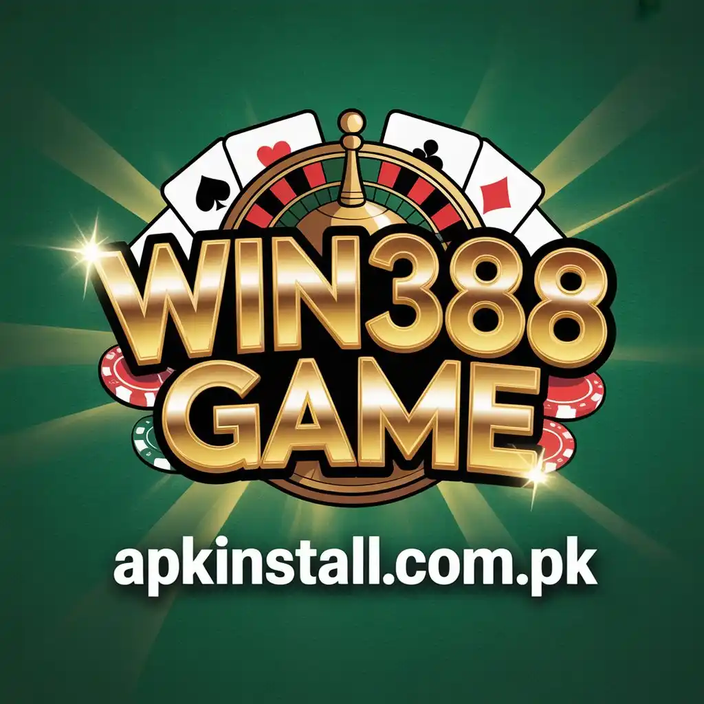Official WIN388 Game logo with gold 3D text, red hearts, casino chips, and playing card suits on a dark green background with the website apkinstall.com.pk.