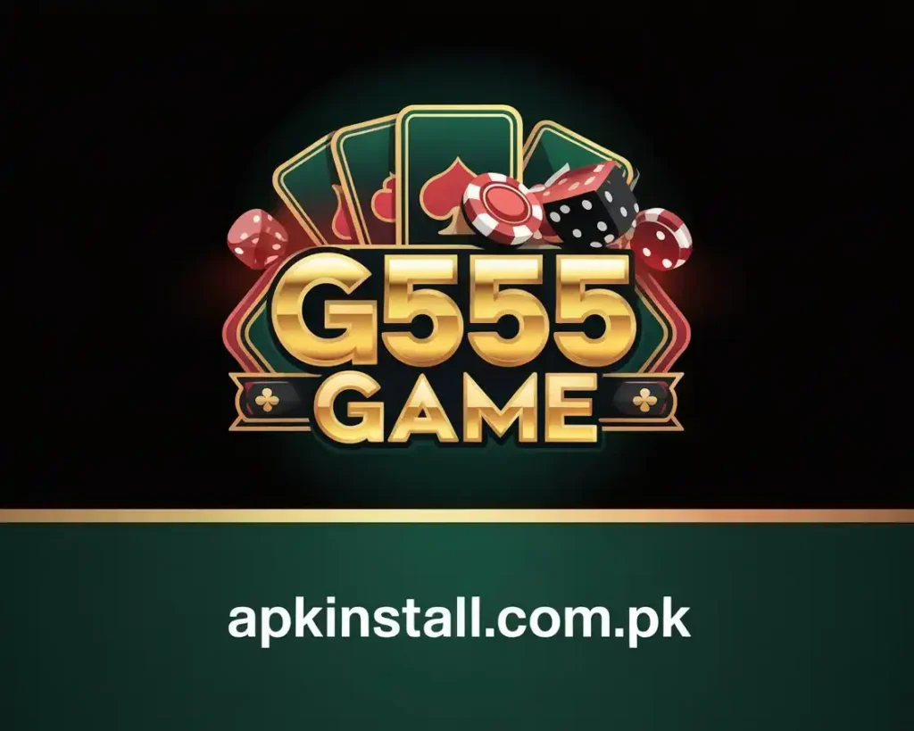 G555 Game official gold logo with casino cards and dice, optimized for Pakistani mobile users at apkinstall.com.pk.