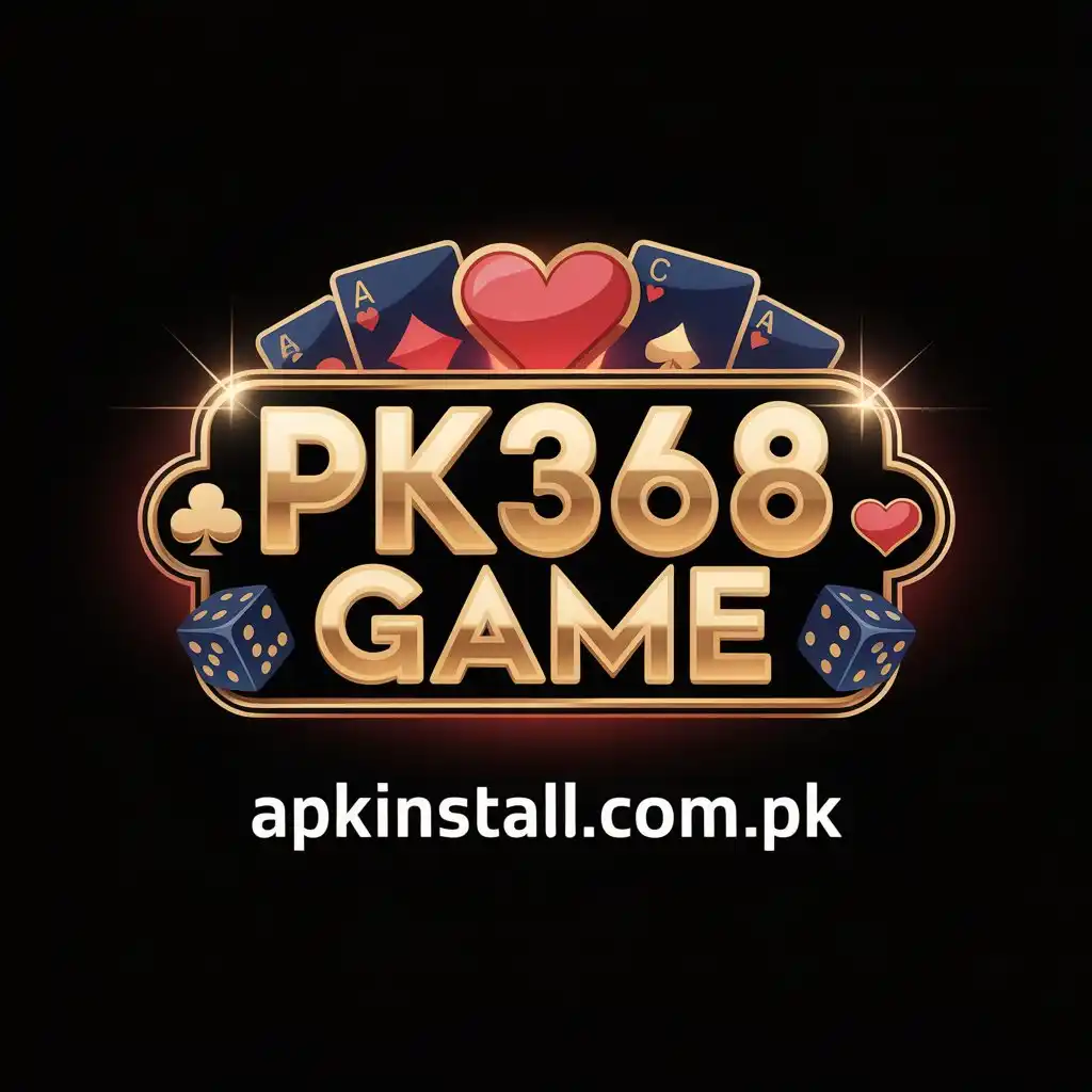 Professional PK368 GAME logo with gold 3D lettering, playing cards, heart icons, and blue dice on a clean black background.