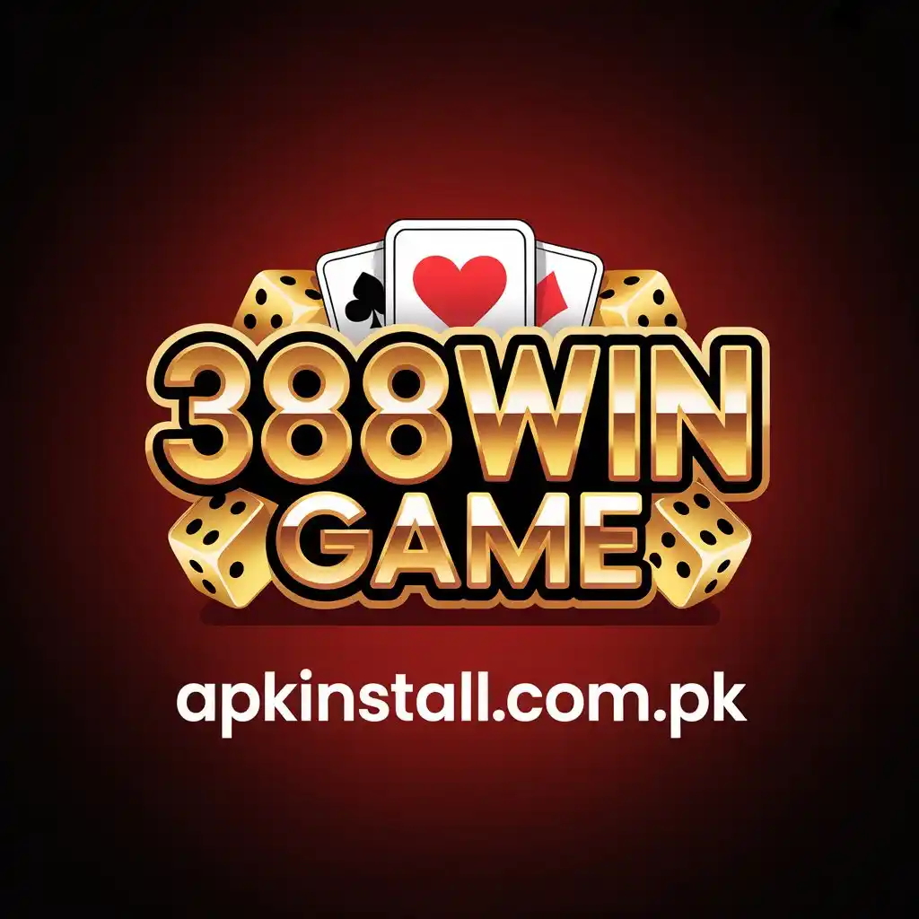 388WIN GAME app cover featuring gold 3D text, golden dice, and playing cards for apkinstall.com.pk.