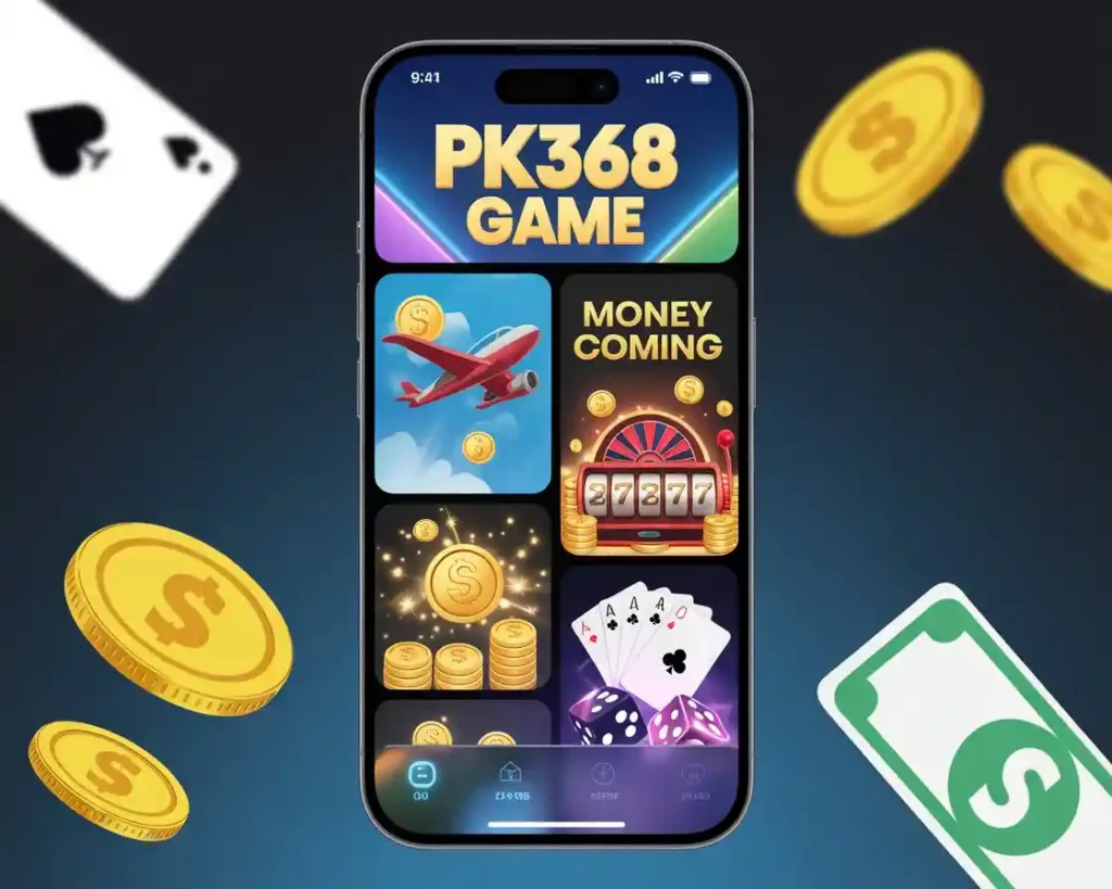 PK368 Game APK mobile app interface showing casino games, slot machine, cards, coins, and real earning features for Android users in Pakistan
