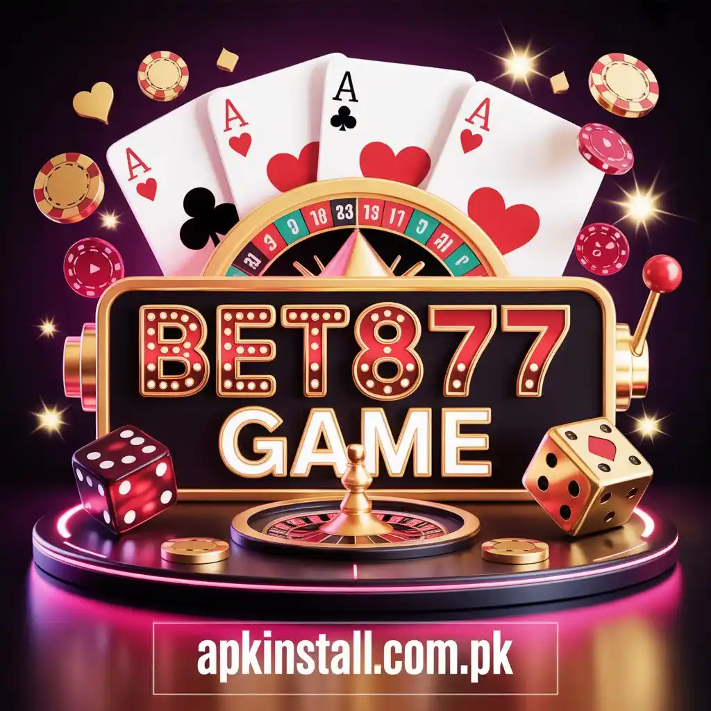A vibrant digital 3D graphic for BET877 Game featuring playing cards, dice, casino chips, and a roulette wheel with the website apkinstall.com.pk.