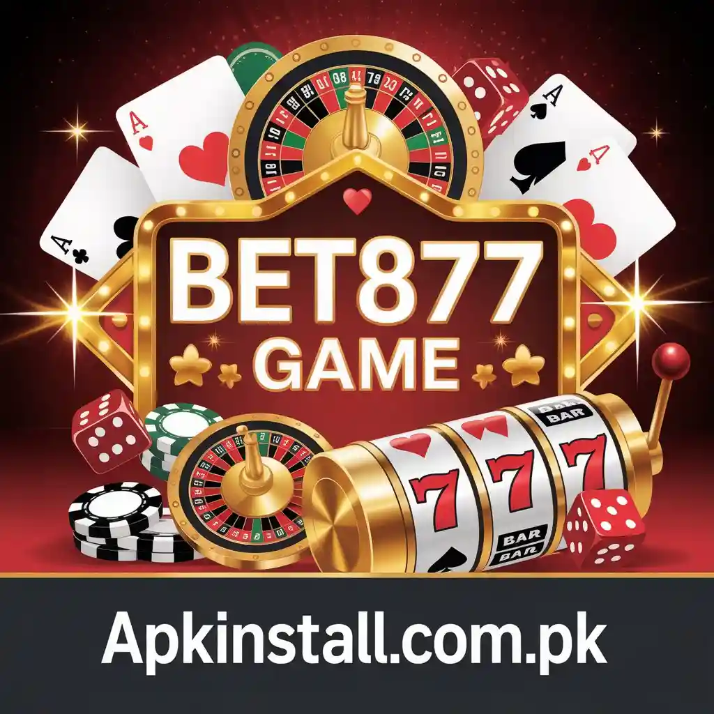A vibrant 3D casino-themed graphic for BET877 Game featuring a golden slot machine, roulette wheels, playing cards, and casino chips with the website Apkinstall.com.pk.
