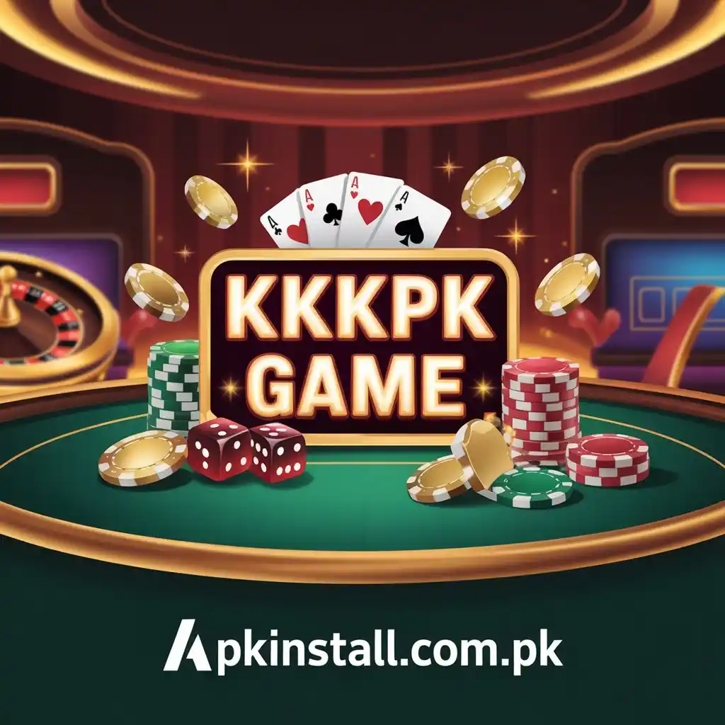 KKKPK Game official logo on a green casino table with red dice, playing cards, stacks of poker chips, and a roulette wheel in the background.