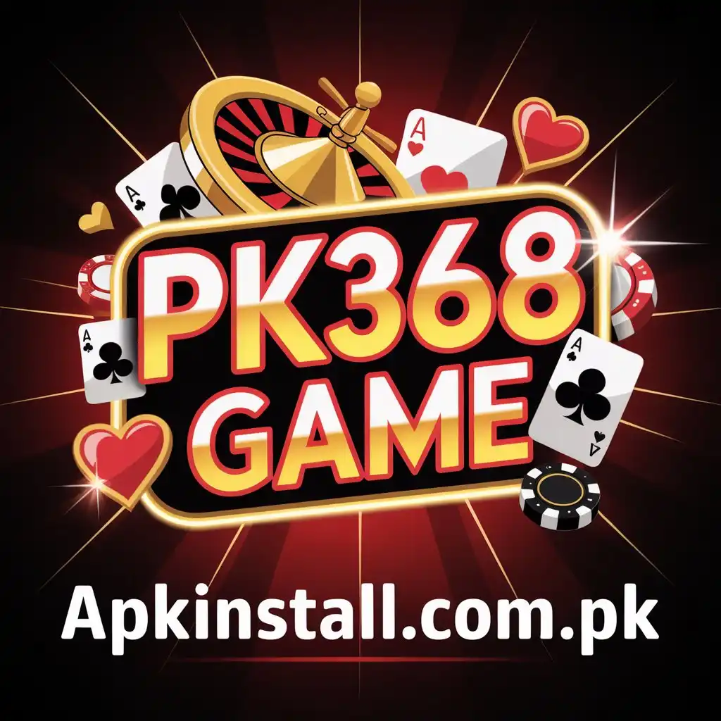Vibrant PK368 GAME logo featuring a gold roulette wheel, playing cards, and poker chips on a dark red sunburst background with the website link.